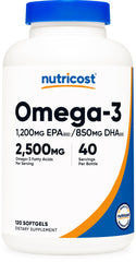 Nutricost bottle front packaging showing omega 3 details and high EPA DHA benefits