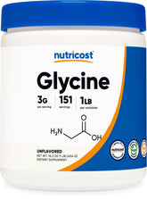 Nutricost glycine front packaging showing jar and scoop for convenient dosing