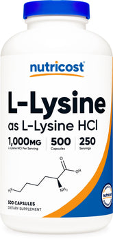 Nutricost L‑Lysine front label showing product name and servings benefit