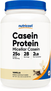 Nutricost vanilla casein front packaging showing product benefits and scoop