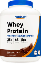 Nutricost front packaging showing 5lb chocolate whey and easy storage benefit