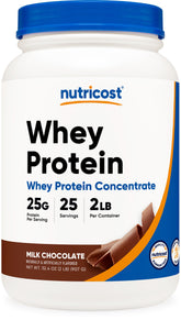 Nutricost front packaging showing chocolate whey concentrate and clear label benefits