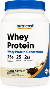 Nutricost front packaging showing 2 lb vanilla whey and clear label benefits