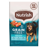Nutrish front-of-bag showing salmon recipe and 23 lb size benefit