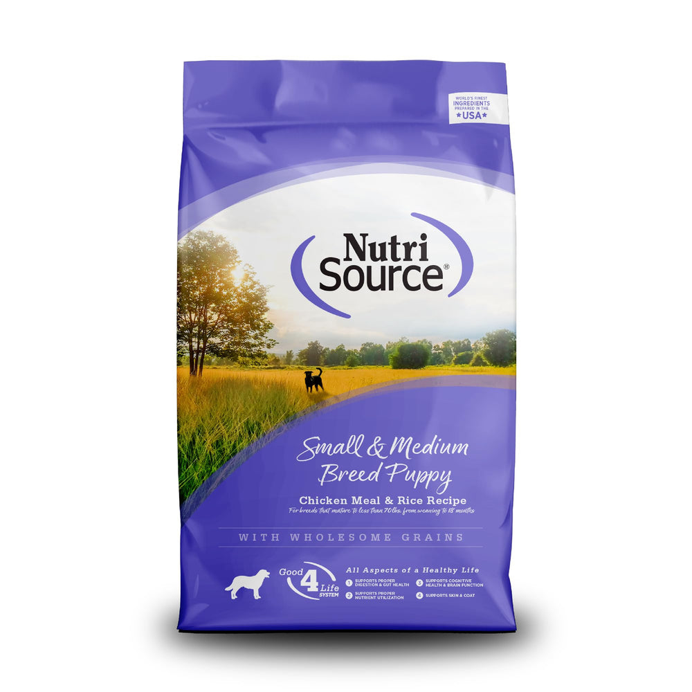 NutriSource front packaging showing 4 lb puppy formula and benefits