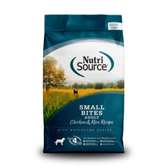 NutriSource front packaging showing 12 lb bag and small-bites benefit