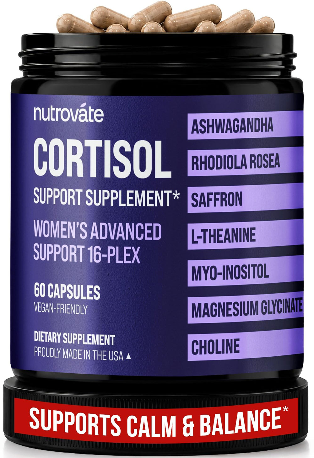 NutroVate front packaging showing supplement jar and benefits for daily calm