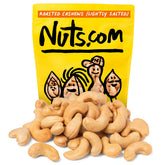 Nuts.com front packaging of 2 lb roasted cashews showing brand and resealable bag benefit
