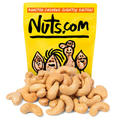 Nuts.com front packaging of 2 lb roasted cashews showing brand and resealable bag benefit