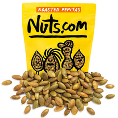 Nuts.com front packaging of 2 lb roasted pepitas showing product label and size benefit