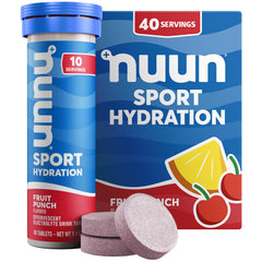 Nuun Fruit Punch front packaging showing tubes and servings, brand hydration convenience