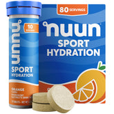 Nuun front packaging showing orange flavor and 8 tubes for easy transport