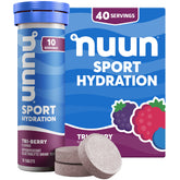 Nuun front packaging showing Tri‑Berry tubes and brand for easy grab-and-go hydration
