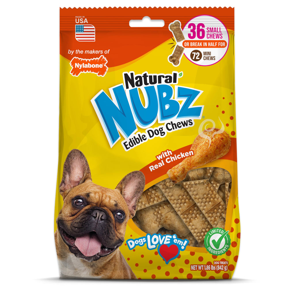 Nylabone front packaging showing Nubz 36 count and small-dog size benefits