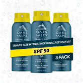 Oars + Alps front packaging showing three travel SPF 50 cans for easy protection