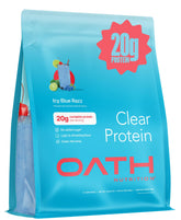 Oath Nutrition front packaging showing Icy Blue Razz and 21 servings benefit convenience