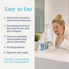 Person applying OCuSOFT Lid Scrub PLUS foam to eyelid with cotton pad for gentle cleansing