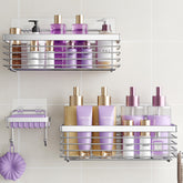 ODesign front view shower caddy holding toiletries with tidy storage benefit
