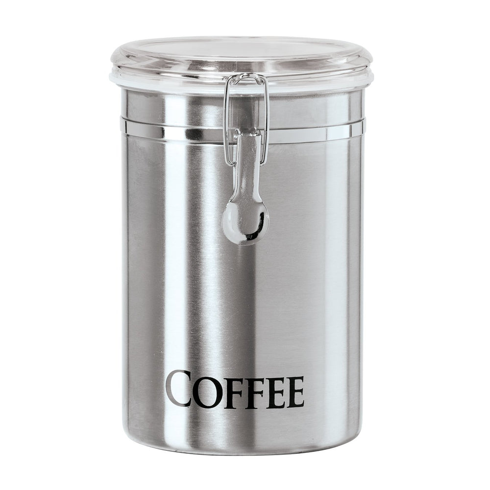 Oggi stainless coffee canister front view shows sleek label and durable design