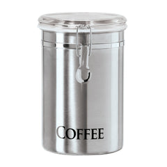 Oggi stainless coffee canister front view shows sleek label and durable design