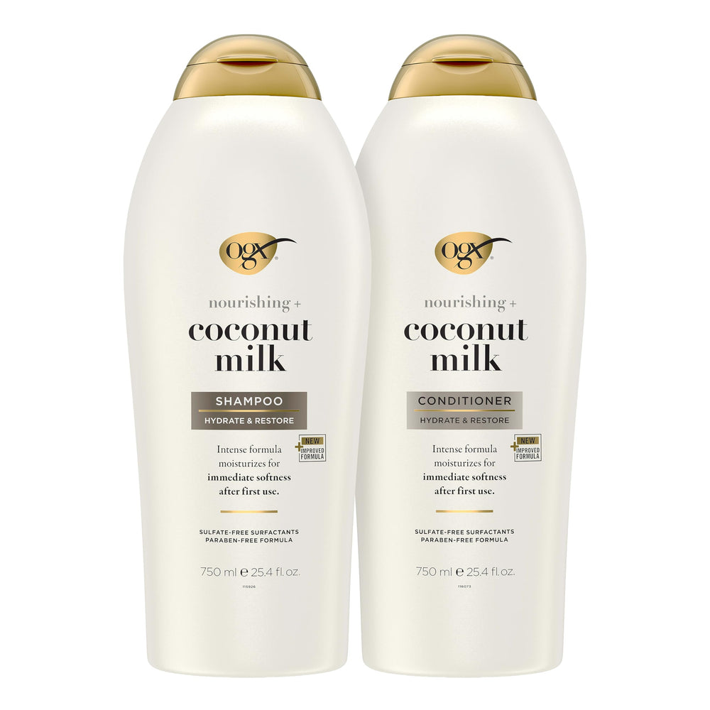 OGX coconut milk front packaging showing duo and benefit of long-lasting hydration