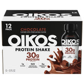 Oikos front packaging showing chocolate bottle and protein benefit