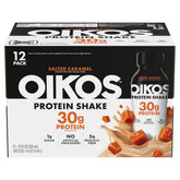 Oikos front packaging shows salted caramel bottle and nutrition highlights for convenient protein
