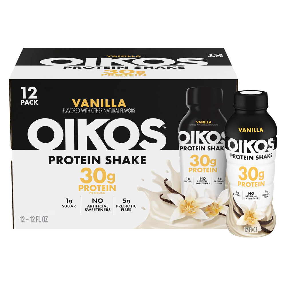 Oikos vanilla front packaging showing bottle and benefits