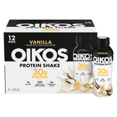Oikos vanilla front packaging showing bottle and benefits