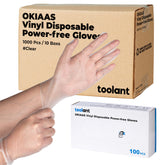 OKIAAS front box packaging showing clear vinyl gloves and product information for quick selection