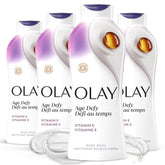Olay front packaging of Age Defy body wash showing bottle and label for easy ID