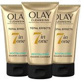 Olay front packaging 3-pack showing dependable daily cleanser benefits
