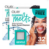Olay front packaging showing gentle cleansing melts and twin 32ct travel packs benefit convenience