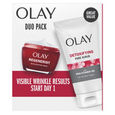 Olay Regenerist front packaging showing both cleanser and cream benefits