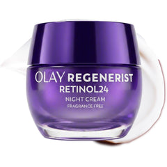 Olay retinol night cream front jar showing the product and brand, highlights hydrating benefits
