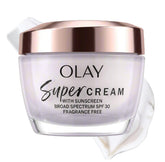 Olay Super Cream front jar showing compact travel-friendly packaging and benefits