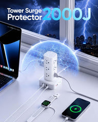 olcorife power tower in use on desk powering laptop lamp and phone benefit