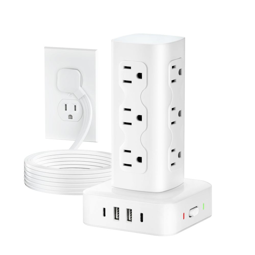 olcorife power tower front view showing outlets and clean organization benefit