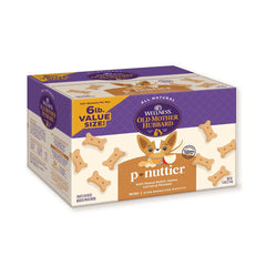 Old Mother Hubbard front packaging showing 6 lb value box and peanut butter flavor benefits