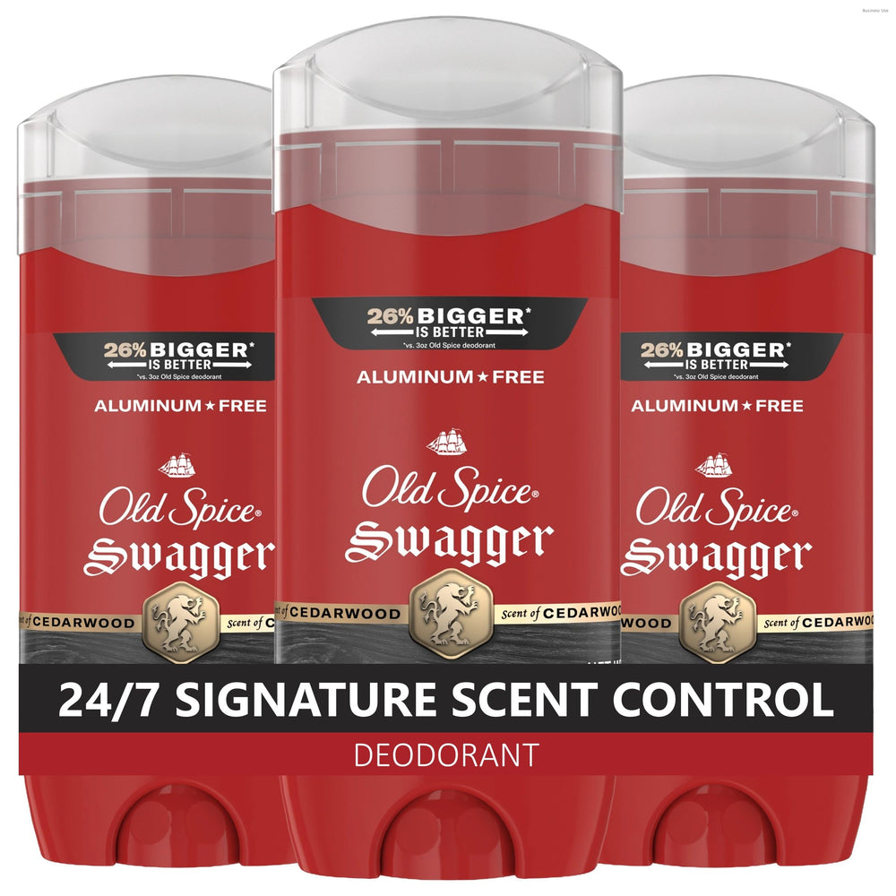 Old Spice Swagger front packaging showing three sticks and brand identity, builds grooming confidence