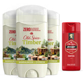 Old Spice Timber front pack showing three sticks and travel wash for convenience