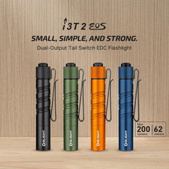 OLIGHT I3T 2 side view highlighting reinforced dual-way clip for secure attachment