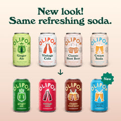 OLIPOP Cream Soda pouring into glass with bubbles, refreshing flavor and reduced sugar benefit