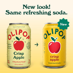 OLIPOP crisp apple close-up label highlighting fiber and low sugar benefit