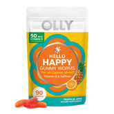 OLLY bottle front label showing Hello Happy mood support and Tropical Zing benefits