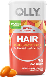 OLLY bottle front packaging showing product name and benefits for hair