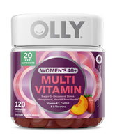 OLLY front bottle view showing peach berry gummies and clear labeling benefit