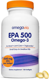 OmegaVia front packaging showing EPA 500 softgels and 120 count benefit clarity