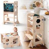 OMEW toddler tower front view showing sturdy A-frame and safe design
