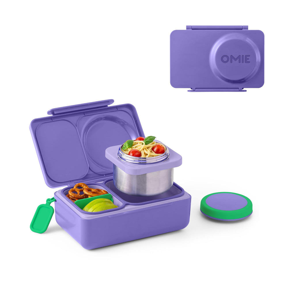 Omie OmieBox UP front view in Galaxy Purple showing compact bento design and latch benefit